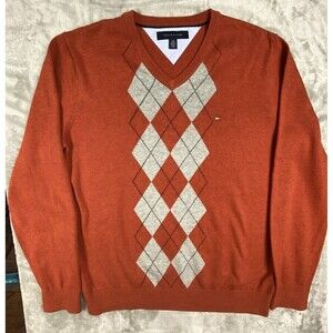 Tommy Hilfiger Sweater Mens Large 100% Cotton Argyle Orange V-Neck Fall Preppy